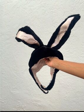Plush Black Bunny Ear Headband with Pink Inner Lining for Kids